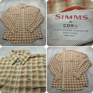 Simms Pearl Snap Shirt Men Medium Red Cream Plaid Seersucker Long Sleeve Fishing